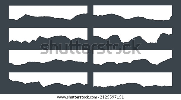 Ragged paper edge borders vector collection.\
White tattered fragments set. Cardboard or paper ripped edges with\
shadows 3D design. Rrough teared sheet strip elements. Blank text\
note fragments.