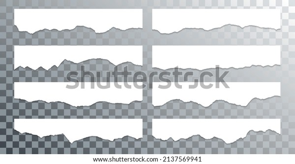 Ragged\
paper edge borders vector collection. White shred fragments set.\
Cardboard or paper ripped edge stripes with shadows. Rrough teared\
sheet strip elements. Blank divider\
fragments.