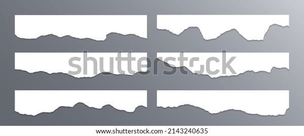 Ragged\
paper edge borders vector collection. White tattered fragments set.\
Cardboard or paper ripped edge stripes with shadows. Rrough teared\
sheet strip elements. Blank divider\
fragments.