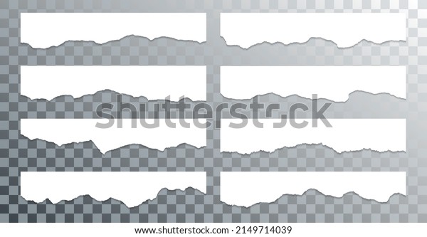 Ragged paper edge borders vector collection.\
White shred fragments set. Cardboard or paper ripped edges with\
shadows 3D design. Rrough teared sheet strip elements. Empty text\
note fragments.