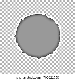 Ragged round hole in transparent sheet of paper and gray backdrop of the resulting window. Vector template paper design.