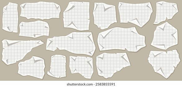 Ragged square graph paper, school math sheet. Set vintage blank letters, documents, rolled up empty paper sheets and pages. Pieces from a school notebook. Vector cartoon isolated objects.