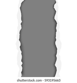 A ragged vertical hole in paper sheet. Main background is white, and the resulting window is dark gray. Edges of the hole have soft shadow. Template paper design.