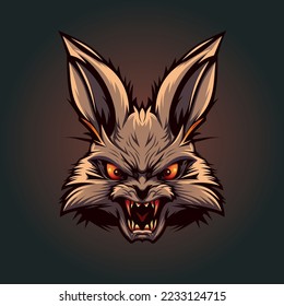 Raging aggressive rabbit with burning eyes and bloodied teeth. Color logo, flat style, 2d vector illustration