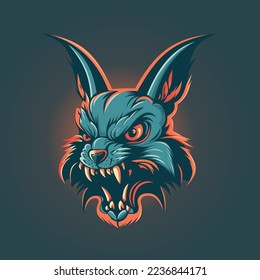 Raging aggressive rabbit with burning eyes. Color logo hare in flat style. Vector illustration