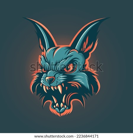 Raging aggressive rabbit with burning eyes. Color logo hare in flat style. Vector illustration