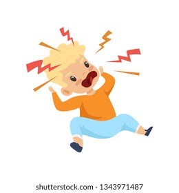 Raging Boy Shouting. Cute Naughty Kid. Bad Child Behavior Vector Illustration