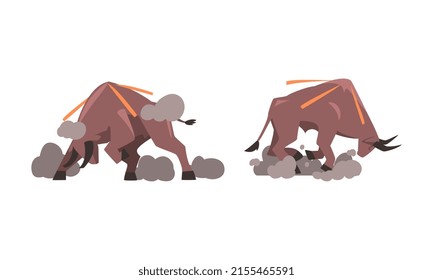 Se montaron toros enfurecidos. Furioso y agresivo dibujo vectorial de dibujos animados animales