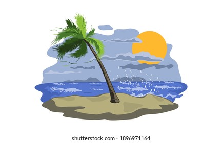 Raging Ocean, Wind And Grey Cloudy Sky. Vector Palm Tree On Sand, Nature Landscape, Weather And Climate Change, Desert Island, Summertime Design Isolated On White Background