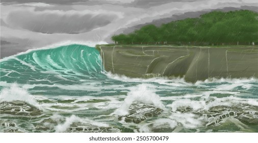Olas embravecidas con la tormenta, truenos y lluvia