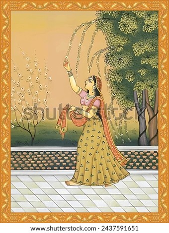 Ragini Vasanti in a floral string Miniature Painting from Rajasthan. Mughal pichwai art Miniature Paintings.