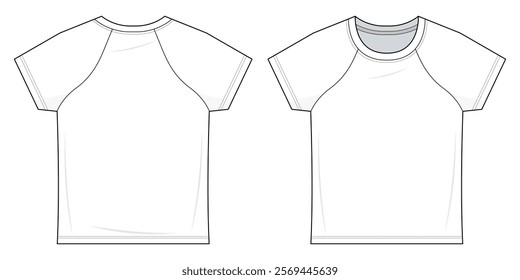 Raglan Baby Tee Technical Fashion Illustration. Slim Fit Baby Tee Vector Template. Front and Back View. Classic Essential Ladywear. Crew Neckline. Short Raglan Sleeves. White Color. CAD Mockup.