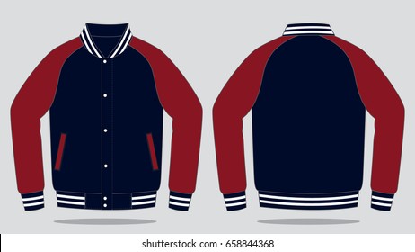 Raglan Baseball Jacket Crimson-Navy Design On Gray Background.
Front and Back View.