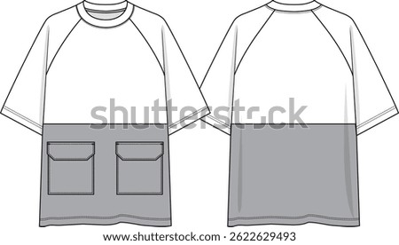 Raglan Color Block Men crew neck oversized t-shirt with double patch pockets, coloration white and grey, contrast insert at bottom hem, sketch front and back, vectors