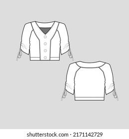 Raglan Gathering Knotted Sleeve Crop top V Neck button panel Gathering ruched detail Elbow sleeve cropped  fashion t shirt top blouse flat sketch technical drawing template design vector