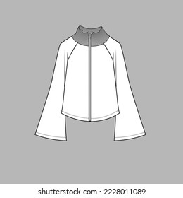 Raglan High Neck Zipper top long Bell Sleeve hem Full Open Zipper sweatshirt long sleeve  fashion drawing sketch template design vector