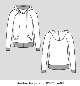 Raglan Hoodie Sweatshirt Drawstring Kangaroo Pocket Rib Cuff Hem Autumn Fashion Flat Sketch Technical Drawing Design Vector