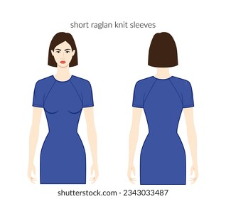 Raglan knit sleeves short length clothes character beautiful lady in blue top, shirt, dress technical fashion illustration, fitted. Flat apparel template front, back sides. Women men unisex CAD mockup