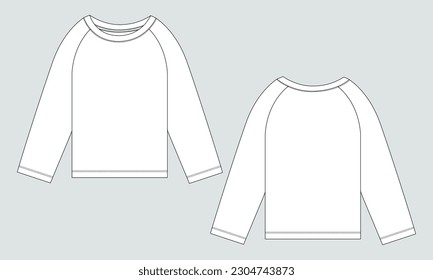 Raglan Long Sleeve T shirt technical drawing fashion flat sketch Vector illustration template Front And back views 