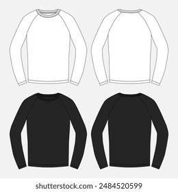 Raglan Long sleeve t shirt technical drawing fashion flat sketch vector illustration white  and black color template front and back views