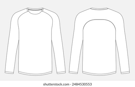 Raglan long sleeve t shirt technical drawing fashion flat sketch vector illustration template front and back views. Apparel clothing mock up card easy edit and customizable