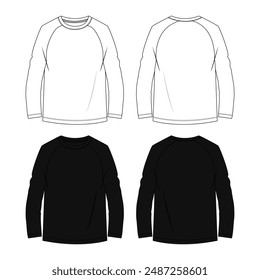 Raglan Long sleeve T shirt tops technical drawing fashion flat sketch vector illustration white and black color  template front and back views. Apparel clothing design mock up cad for women's.