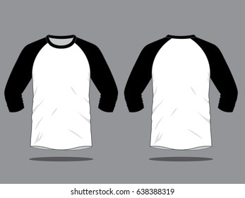 Raglan Long Sleeve T-shirt Design White/Black Colors Vector.Front And Back Views.