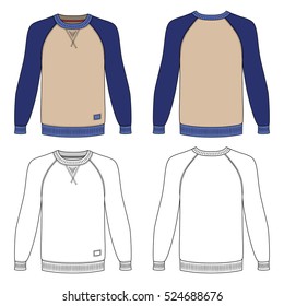 Raglan long sleeve t-shirt outlined template (front & back view), vector illustration isolated on white background
