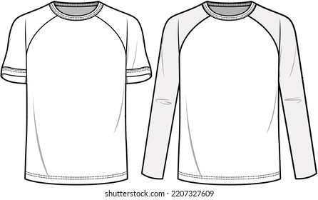 Raglan Long Sleeve T-shirt, Raglan short sleeve t-shirt  Sets Fashion Illustration, Vector, CAD, Technical Drawing, Flat Drawing, Template, Mockup