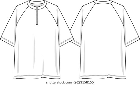 Raglan Men crew neck oversized t-shirt with zipper at center front neckline, raglan short sleeves, sketch front and back, vectors