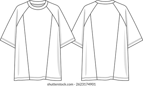 Raglan Men crew neck oversized t-shirt with vertical cuts at front and back, raglan short sleeves, sketch front and back, vectors