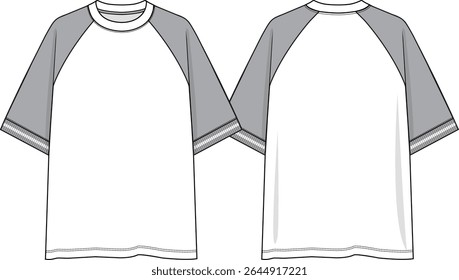 Raglan Homens pescoço de tripulação de grandes dimensões cor bloco t-shirt com contraste raglan mangas curtas, fio tintura costela manguito, linha branca no manguito, esboço frente e atrás, vetores, cor branca do corpo, mangas cinza claro