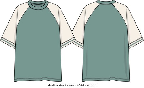Raglan Homens pescoço de tripulação de grandes dimensões cor bloco t-shirt com contraste raglan mangas curtas, fio tintura costela manguito, esboço frente e atrás, vetores, luz verde cor do corpo e pescoço banda, off mangas brancas