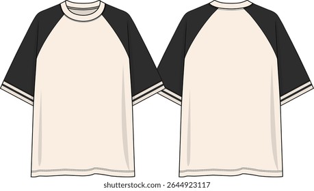 Raglan Men crew neck oversized colour block  t-shirt with contrast raglan short sleeves, yarn dye rib cuff, sketch front and back, vectors, off white body coloration and neck band, black sleeves