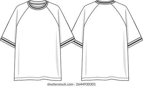 Raglan Homens pescoço de tripulação t-shirt de grandes dimensões com mangas curtas de raglan, corante de fio costela manguito e pescoço, linha preta no manguito, esboço frente e atrás, vetores, cor de corpo branco