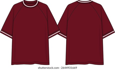 Raglan Men crew neck oversized t-shirt with raglan short sleeves, yarn dye rib cuff and neck, white line in rib, sketch front and back, vectors,  burgundy coloration
