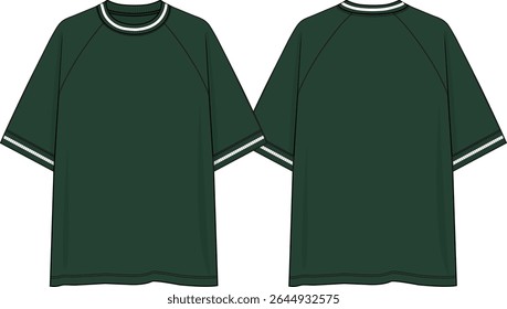 Raglan Men crew neck oversized t-shirt with raglan short sleeves, yarn dye rib cuff and neck, white line in rib, sketch front and back, vectors, dark green coloration