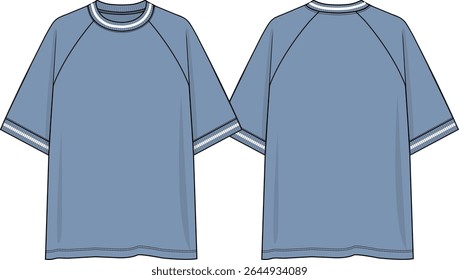 Raglan Men crew neck oversized t-shirt with raglan short sleeves, yarn dye rib cuff and neck, white line in rib, sketch front and back, vectors, blue coloration
