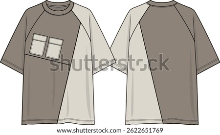 Raglan Men crew neck oversized t-shirt, short sleeves, front with slanted cuts and double small patch pockets on wearer right side chest, sketch front and back, vector, coloration khaki and off white