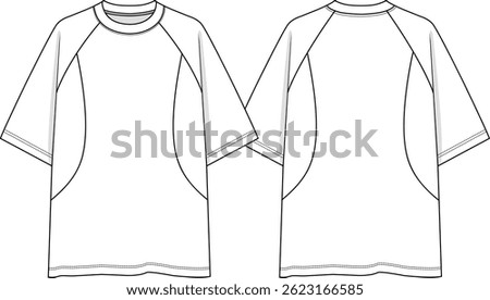 Raglan Men crew neck oversized t-shirt Raglan short sleeves, rounded cuts, sketch front and back, vectors