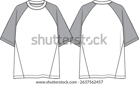 Raglan Men crew neck oversized color block  t-shirt with contrast raglan short sleeves, side body insert, sketch front and back, vectors, white body coloration, light grey sleeves