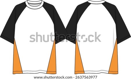 Raglan Men crew neck oversized color block  t-shirt with contrast raglan short sleeves, side body insert, sketch front and back, vectors, white body coloration, black sleeves, orange side inserts