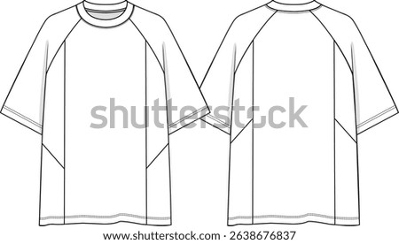 Raglan Men crew neck oversized color block  t-shirt with raglan short sleeves, side body insert with slanted cut, sketch front and back, vectors, white sketch