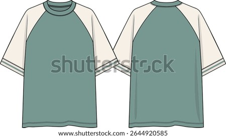 Raglan Men crew neck oversized colour block  t-shirt with contrast raglan short sleeves, yarn dye rib cuff, sketch front and back, vectors, light green body coloration and neck band, off white sleeves