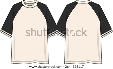 Raglan Men crew neck oversized colour block  t-shirt with contrast raglan short sleeves, yarn dye rib cuff, sketch front and back, vectors, off white body coloration and neck band, black sleeves