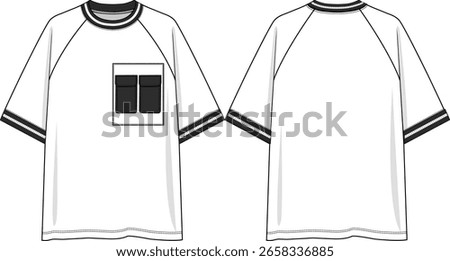 Raglan Men crew neck oversized t-shirt, short sleeves, double patch pockets on wearer left side, black and white yarn dye rib at neck and cuff, sketch front and back, vectors, basics