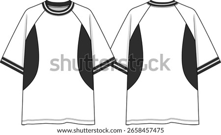 Raglan Men crew neck oversized white t-shirt Raglan short sleeves, contrast black rounded inserts on side bodies, black and white yarn dye rib and neck and cuff, sketch front and back, vectors