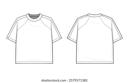 Raglan Oversized T-Shirt Technical Fashion Illustration. Loose-Fit Short-Sleeve Tee Vector Template. Front and back view. Casual Streetwear. Men’s and Women’s Wear. White color. CAD Mockup Set.