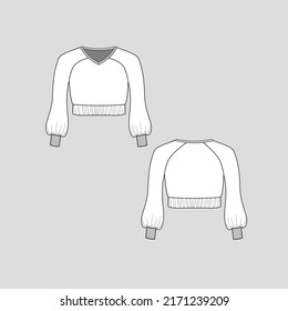 Raglan ruched hem crop top Rib v neck Long Balloon sleeve with cuffs  fashion t shirt top blouse flat sketch technical drawing template design vector