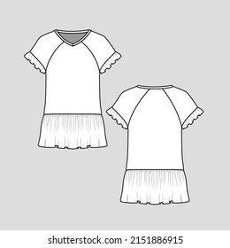 Raglan Ruffles pepltop V Neck Ruffles Ärmel Pflaumen Schmuck hem Detail auf Hemdbluse technische Zeichentabelle Design Vektorgrafik